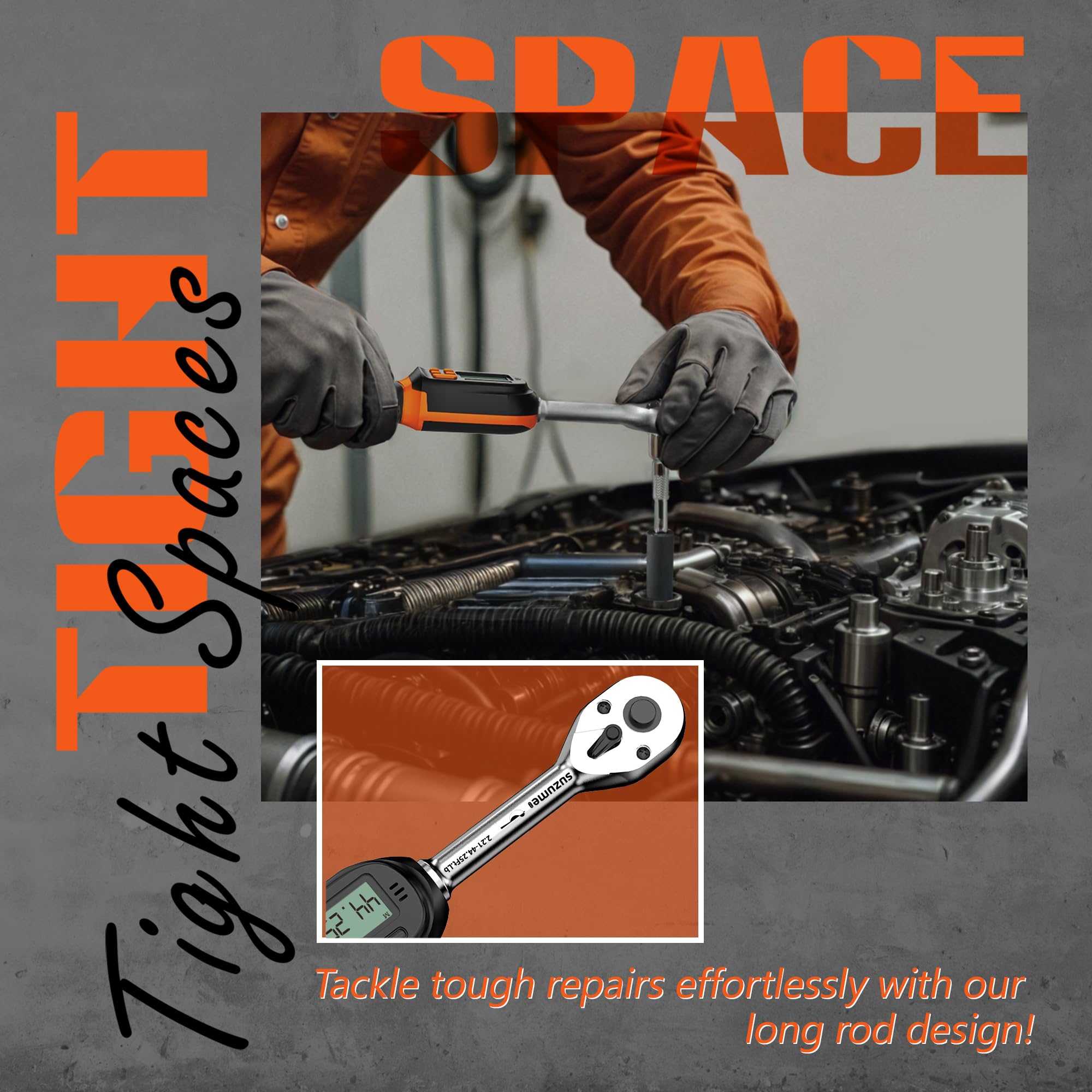 Suzume 3/8 torque wrench with 72-tooth ratchet and 5° arc for tight spaces.