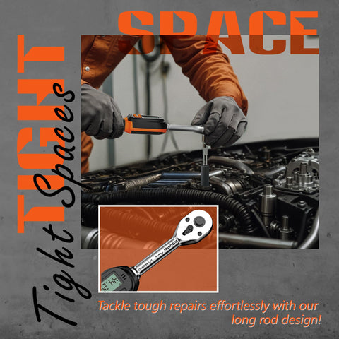 Suzume 3/8 torque wrench with 72-tooth ratchet and 5° arc for tight spaces.