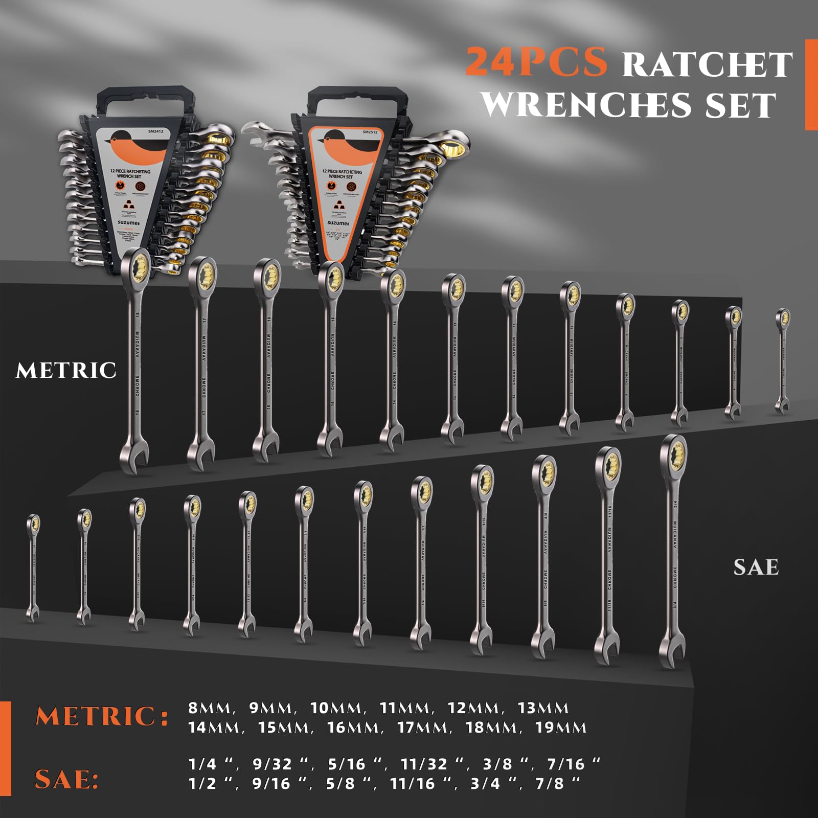 Portable SUZUME wrench set with organized rack for on-the-go tasks