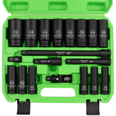 Swanlake 19-piece halfinch impact socket set in case, organized for easy access.