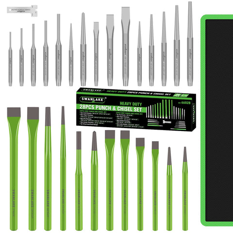 Swanlake 28pc roll-up pouch keeps punches and chisels organized for transport.