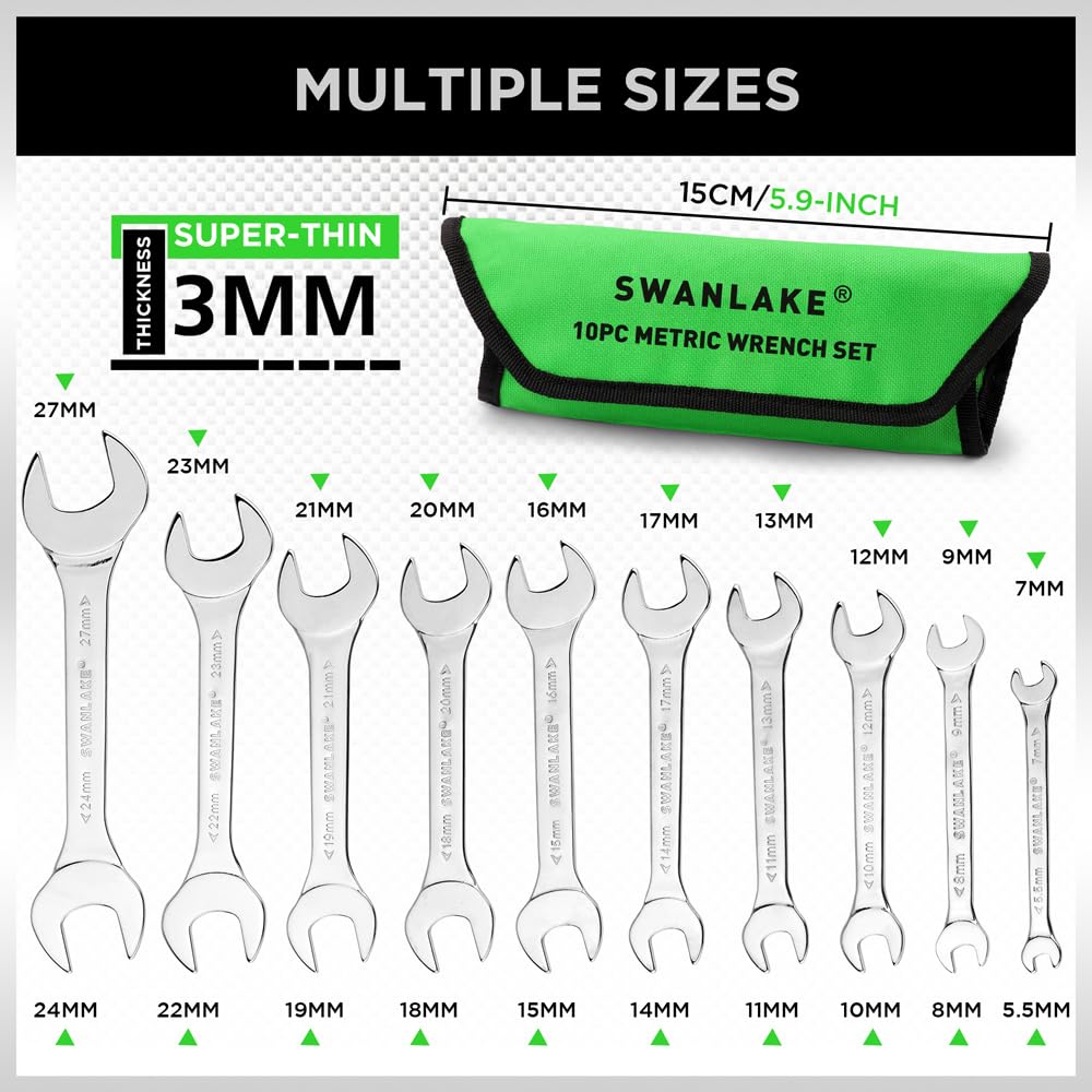 Swanlake 3mm thin open-end wrench close-up showing slim profile for tight spaces