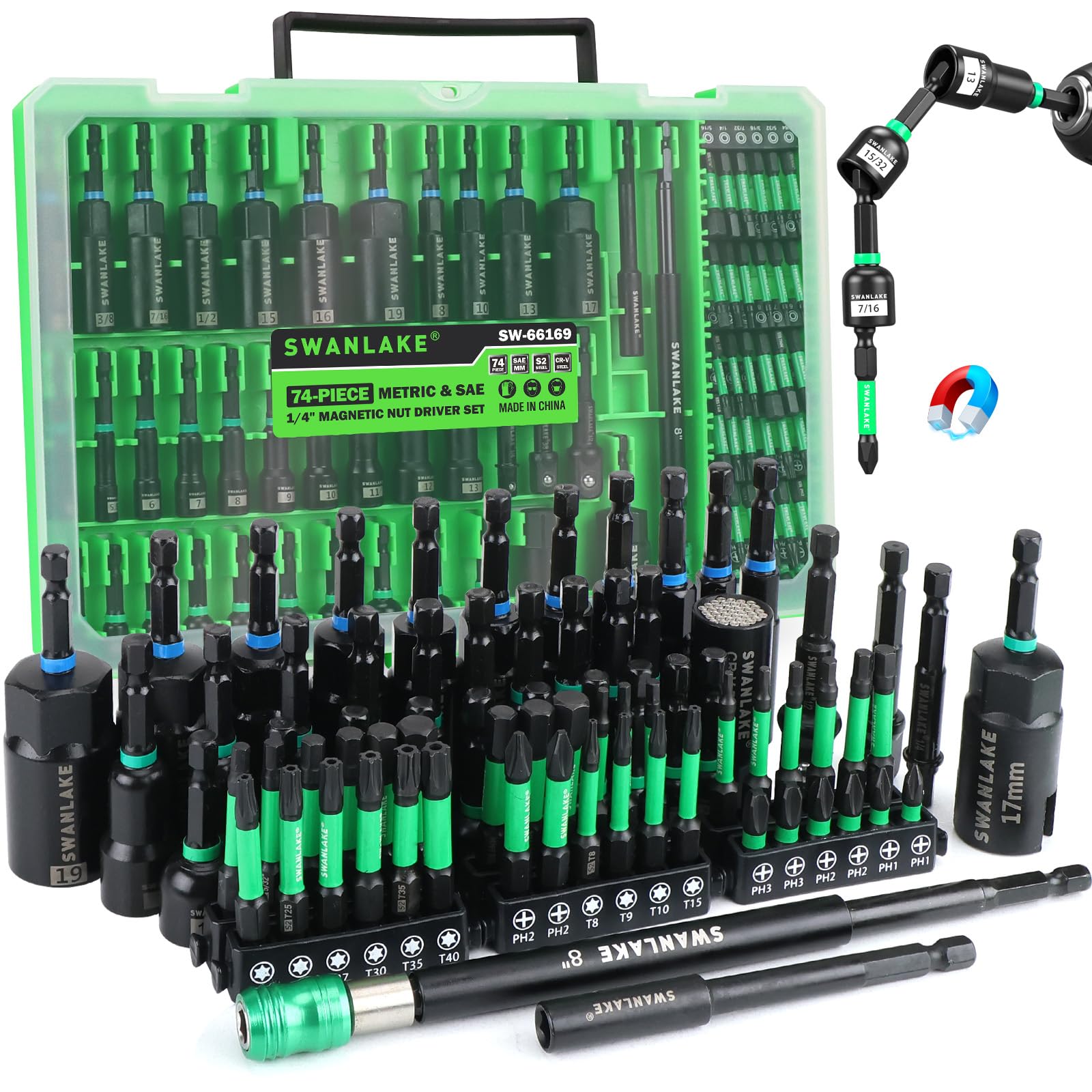 Swanlake 74-piece magnetic nut driver set neatly organized for quick access