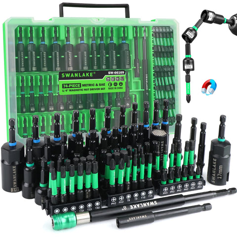 Swanlake 74-piece magnetic nut driver set neatly organized for quick access