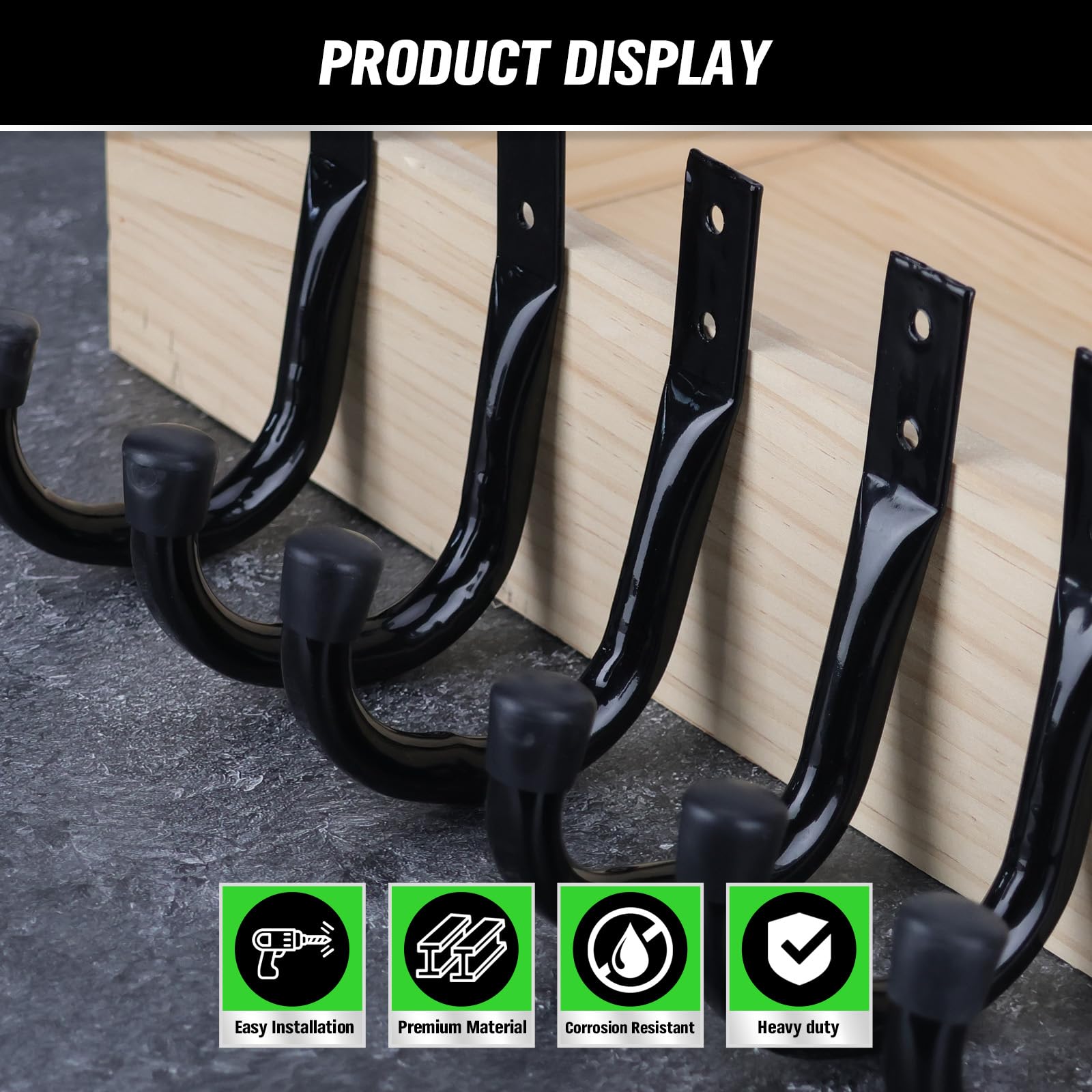 Swanlake bold black metal hooks blend with workshop decor