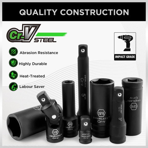 Swanlake chrome vanadium sockets with corrosion-resistant finish.