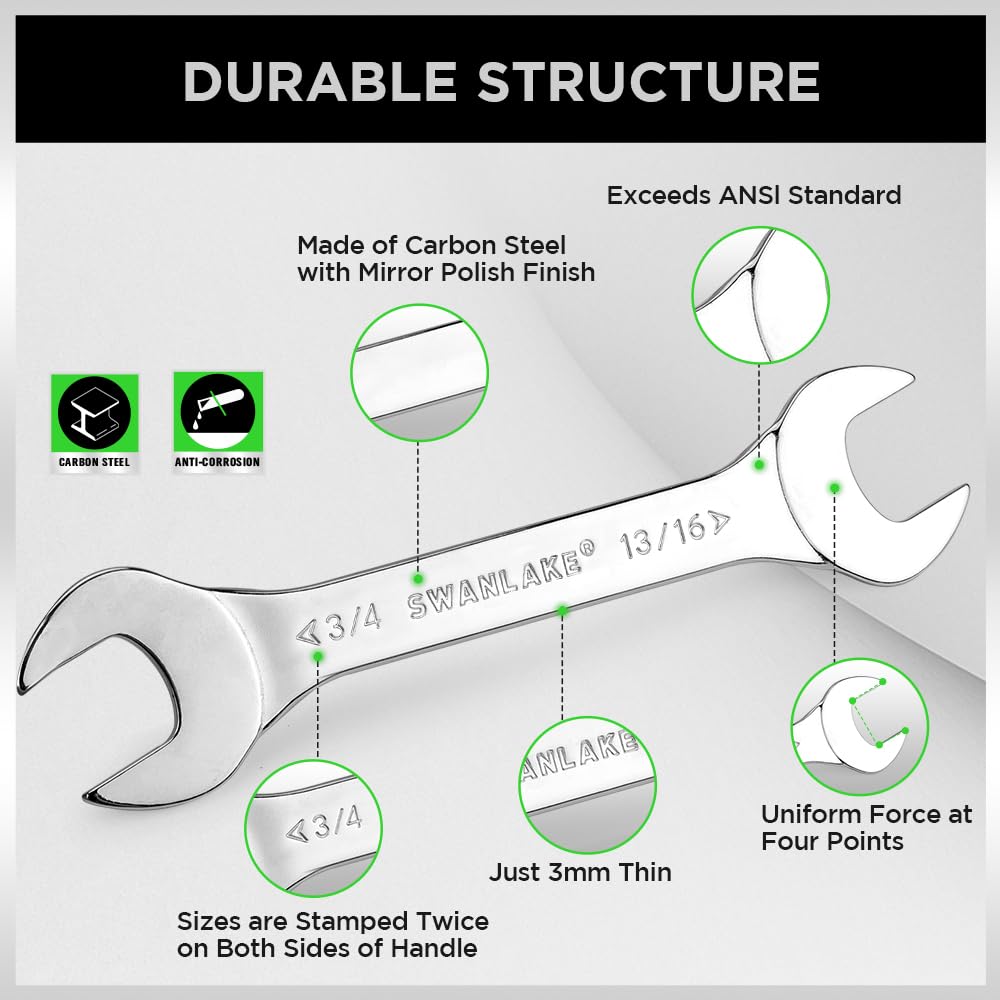 SWANLAKE wrenches feature double-sided markings for fast size identification.