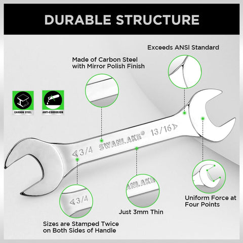 SWANLAKE wrenches feature double-sided markings for fast size identification.
