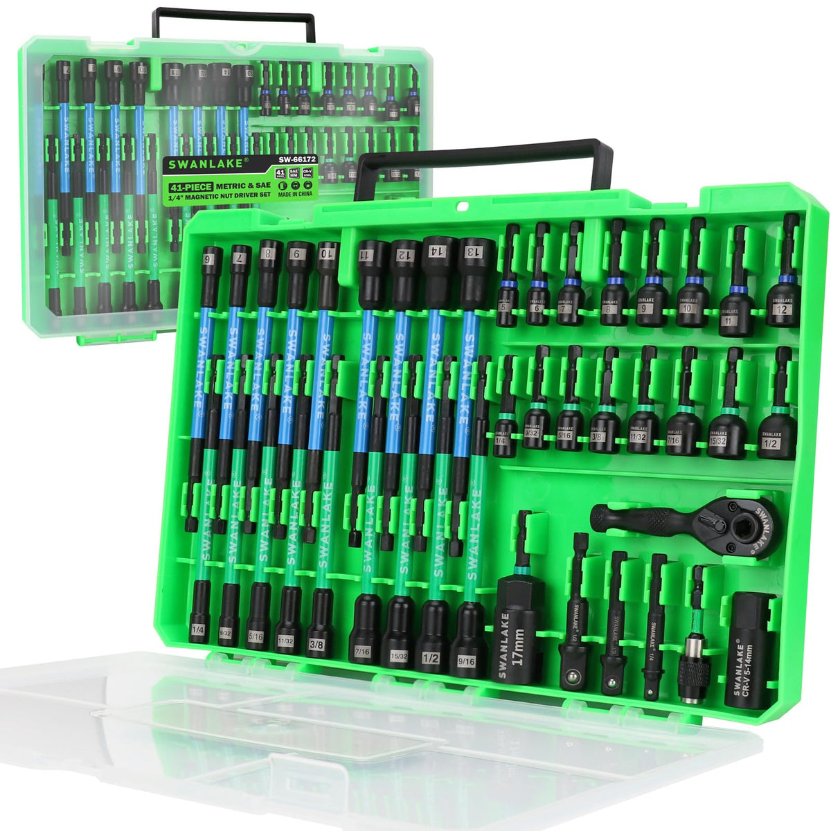 SWANLAKE GARDEN TOOLS 41-piece magnetic nut driver set with metric and SAE sizes for versatility.