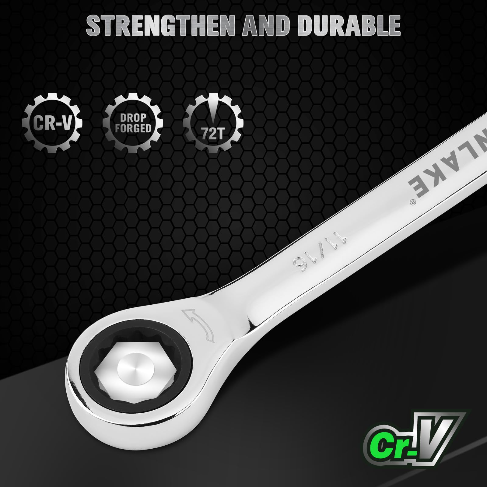Swanlake chrome-vanadium wrenches close-up, durable finish for greasy garage use.