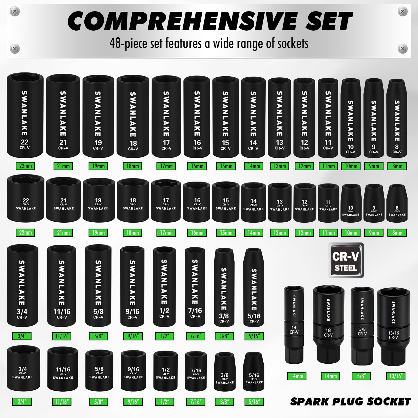 Metric sockets 8-22 mm with laser-etched markings for quick identification