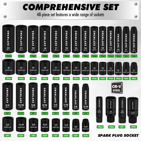 Metric sockets 8-22 mm with laser-etched markings for quick identification