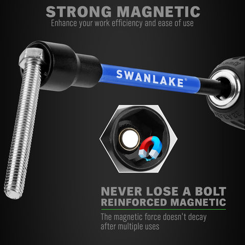 SWANLAKE GARDEN TOOLS quarter-inch quick-change extensions speed changes in tight spaces.
