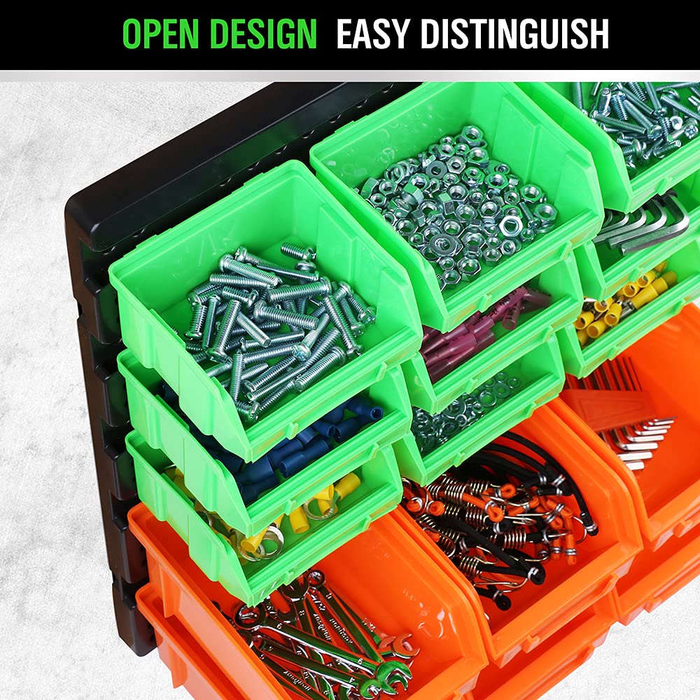 SWANLAKE GARDEN TOOLS red-green-orange bins pack organizes hardware by size.