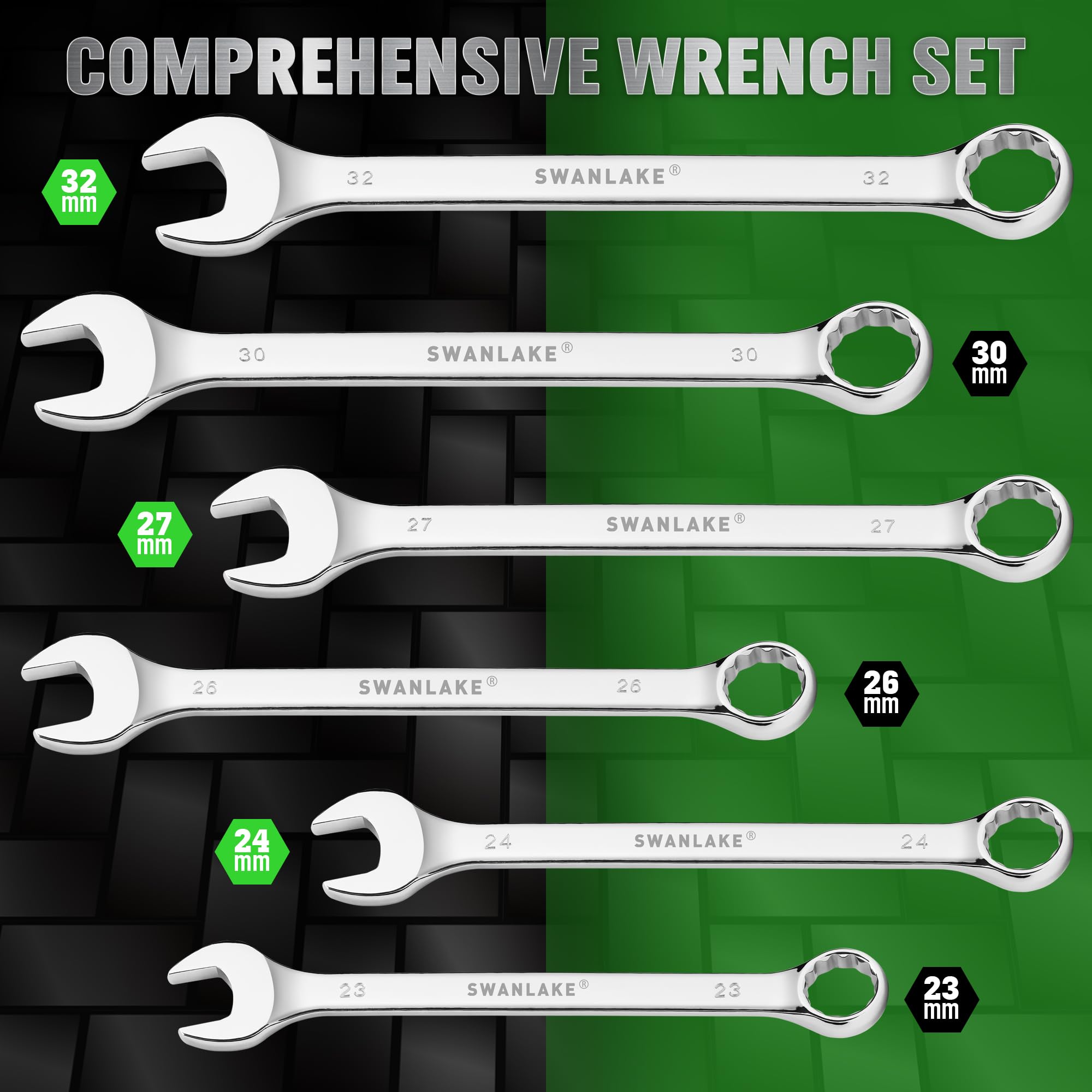 Swanlake Garden Tools angled open-end wrench shows 15-degree design for tight spaces.