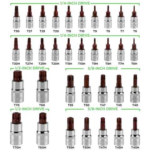 Swanlake tamper-proof bits T6 to T70 in secure chrome-vanadium sockets.