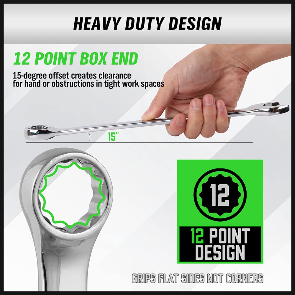 15-degree offset box ends provide better control in tight spaces.