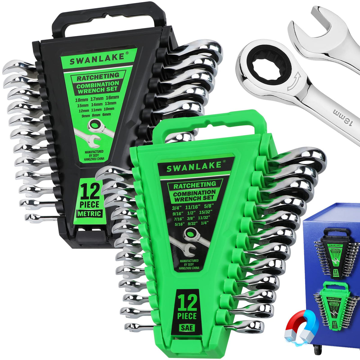 SWANLAKE 24-piece ratchet wrench set with metric and SAE wrenches for versatile automotive work