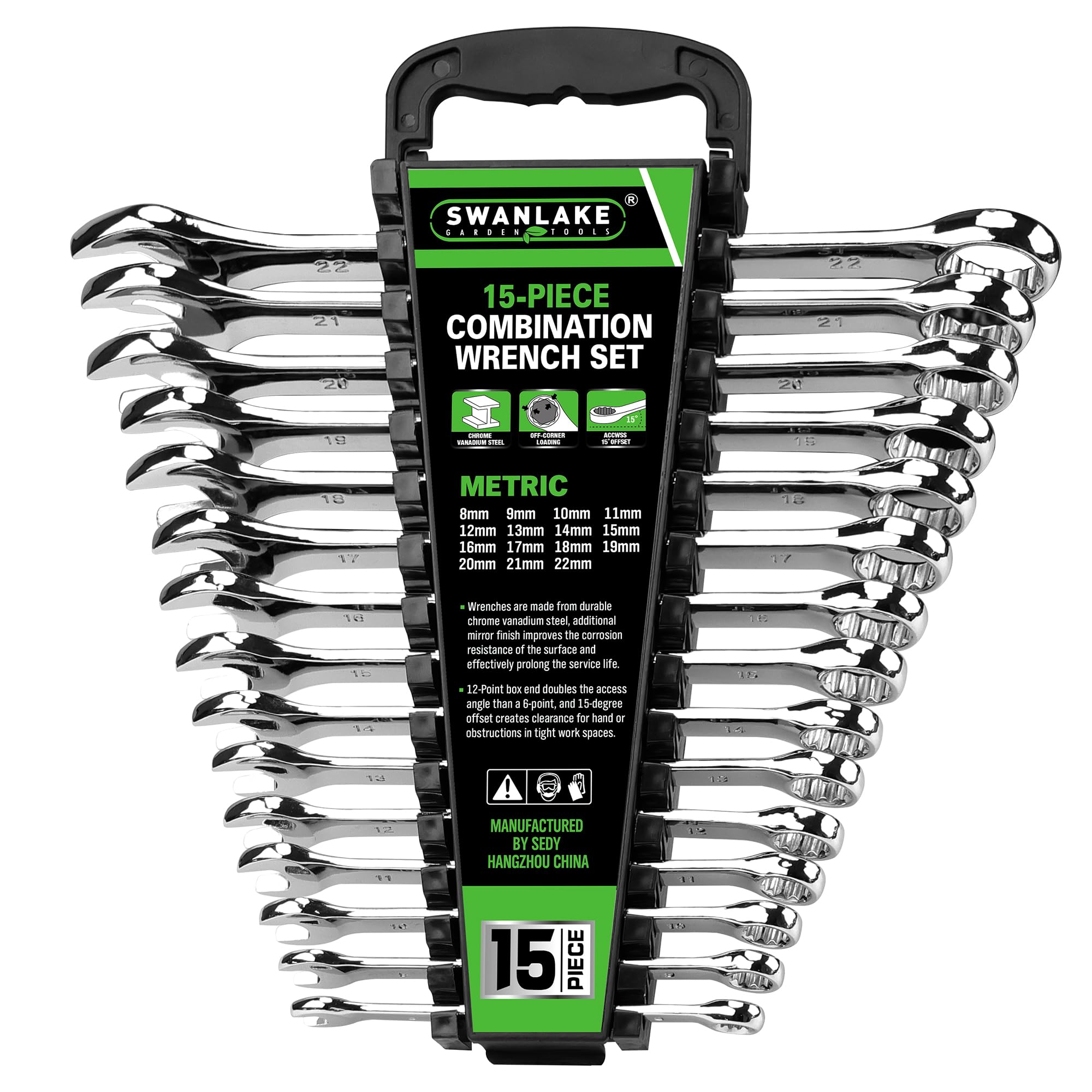 SWANLAKE wrench set 8-22 mm range on storage rack for quick access in the workshop