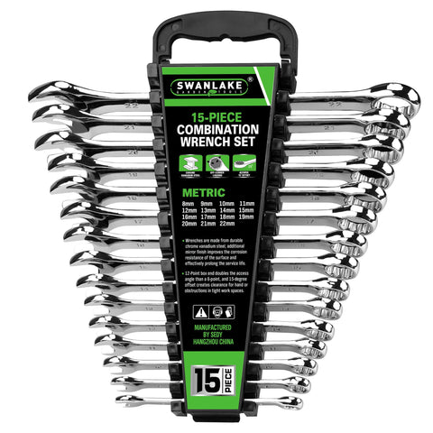 SWANLAKE wrench set 8-22 mm range on storage rack for quick access in the workshop
