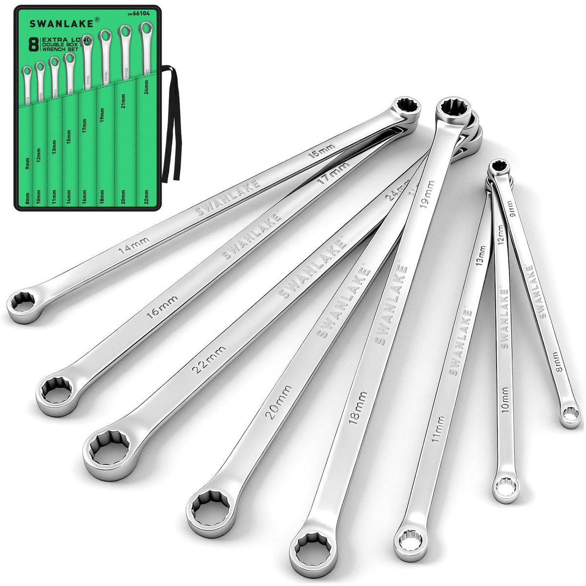 Swanlake 8-piece extra-long box-end wrench set for hard-to-reach bolts.