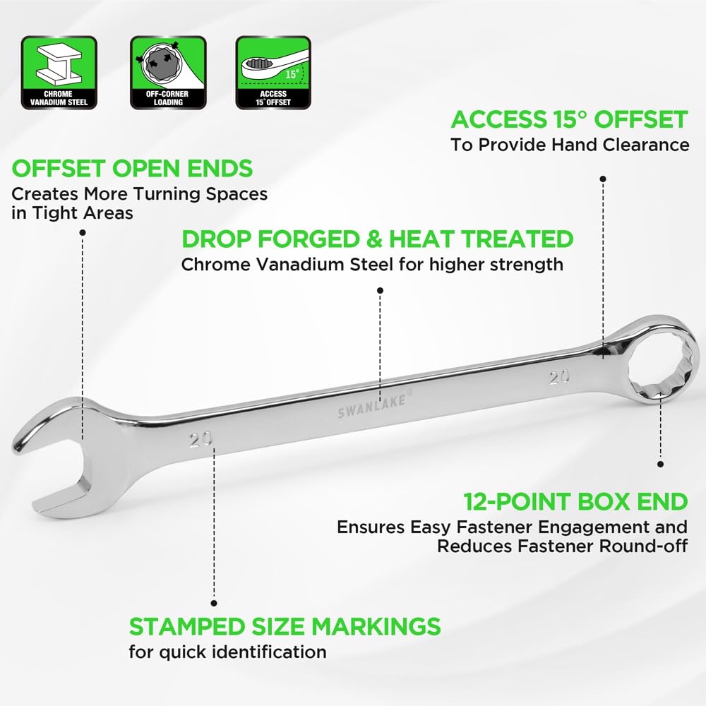 Close-up of SWANLAKE wrench set's bright finish and sturdy construction for daily use