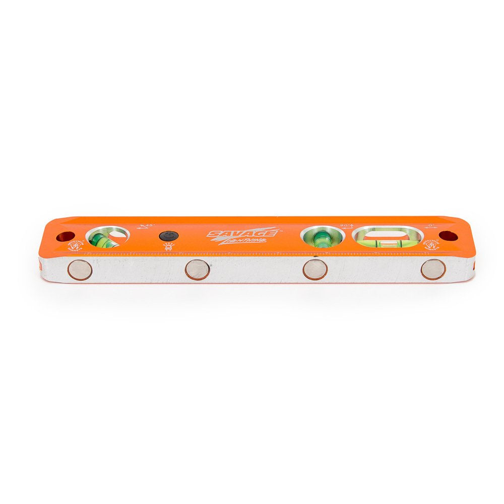 Swanson Savage Lightning 9in torpedo level magnets on top for hands-free positioning.