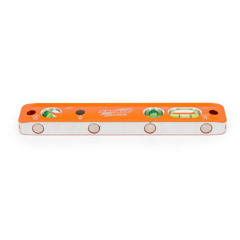 Swanson Savage Lightning 9in torpedo level magnets on top for hands-free positioning.