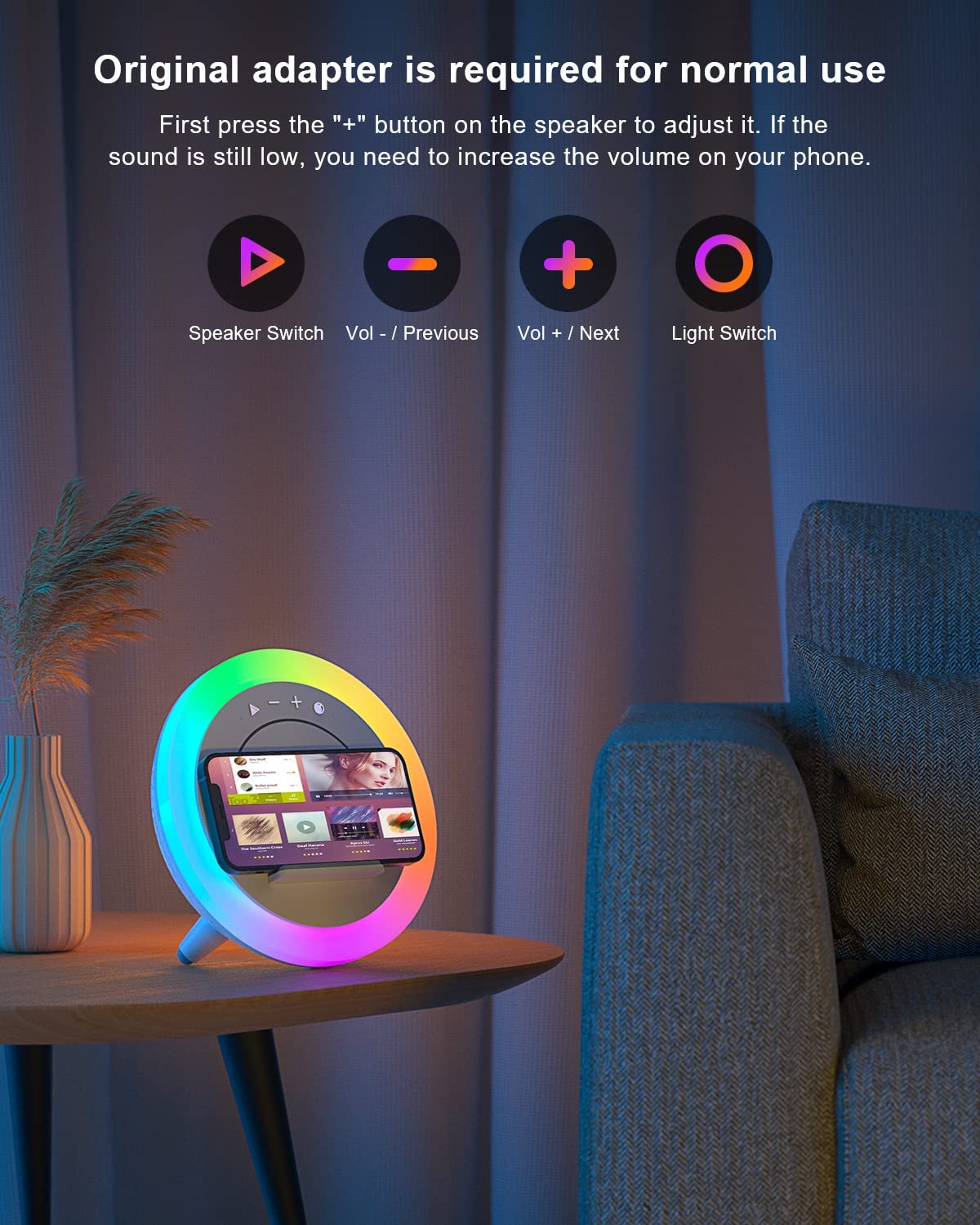 Swarmir color-changing lamp shows 7 colors for mood lighting and dynamic scenes.