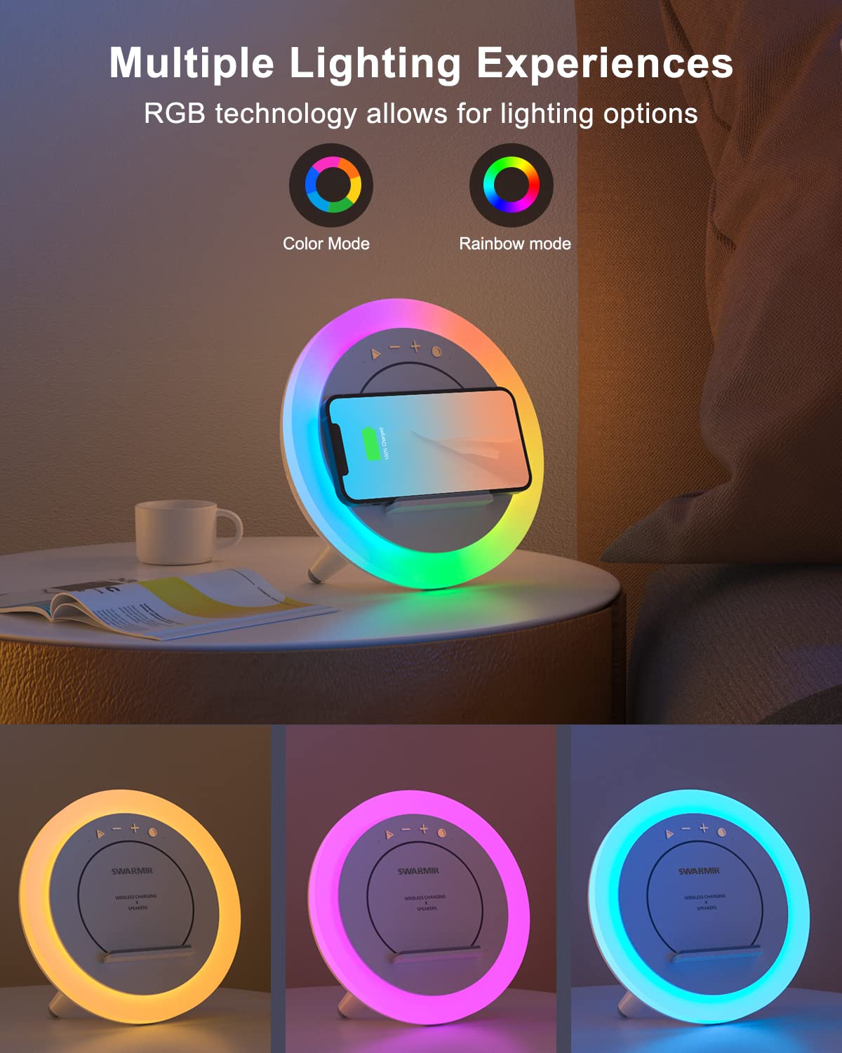 Swarmir wireless charging dock delivers up to 10W for compatible devices.