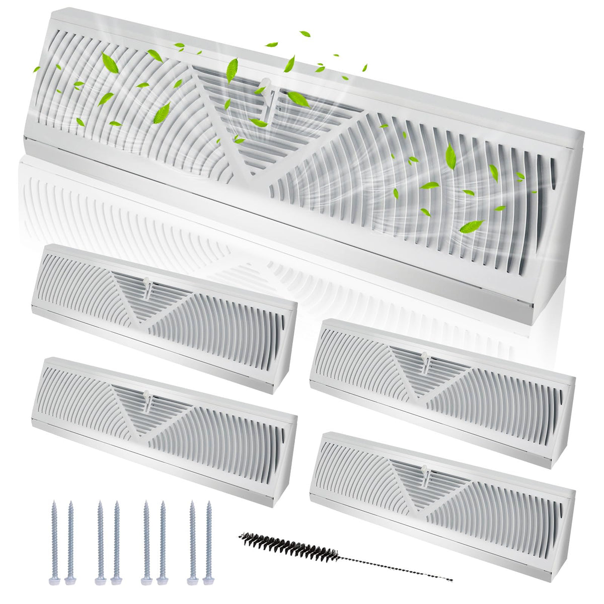 Swess baseboard vent white front view with sleek, quiet airflow.