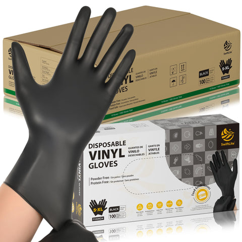 SWIFTLITE black vinyl gloves packaging shown for easy stocking and bulk access