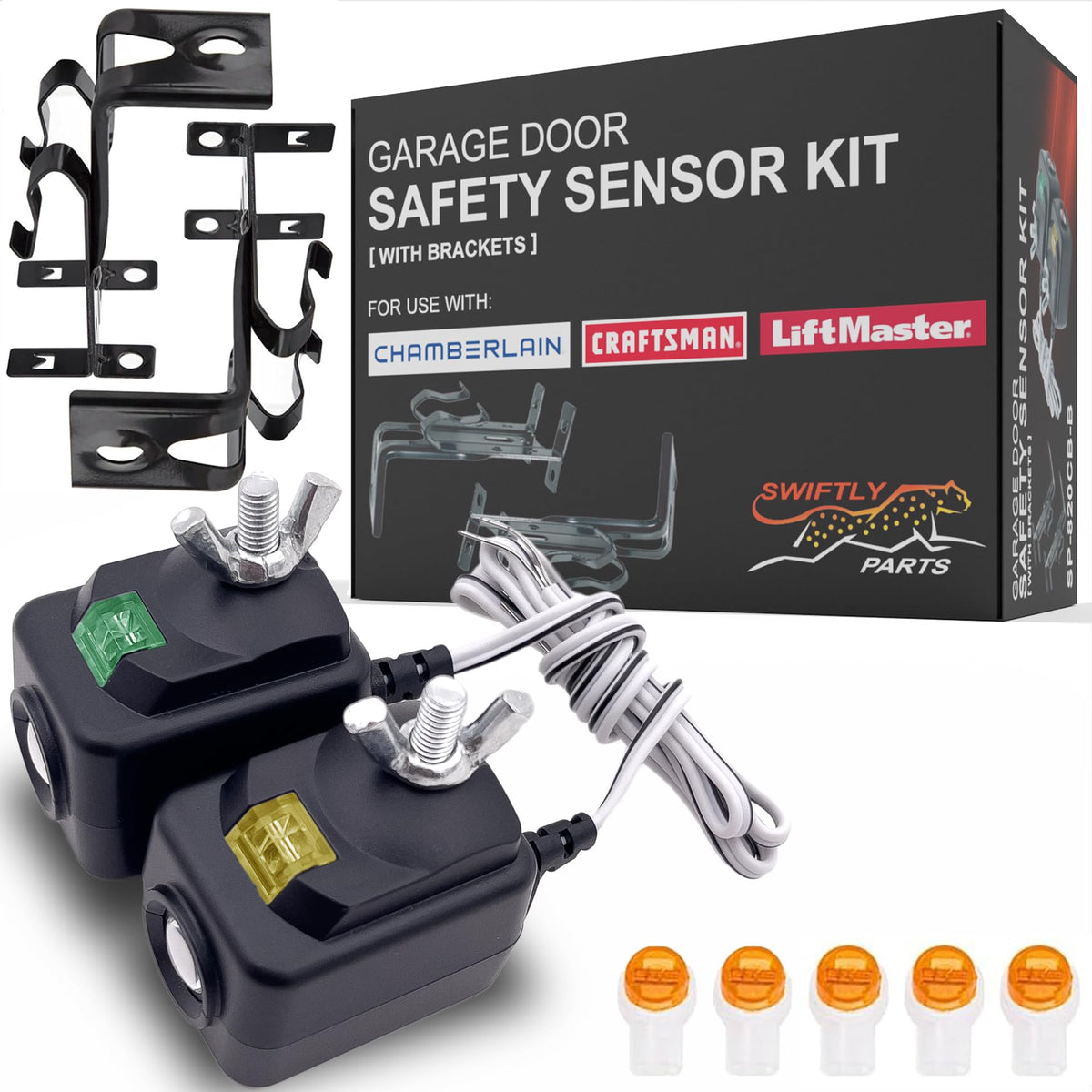 SWIFTLY PARTS safety sensor green light shows proper alignment for safe operation.