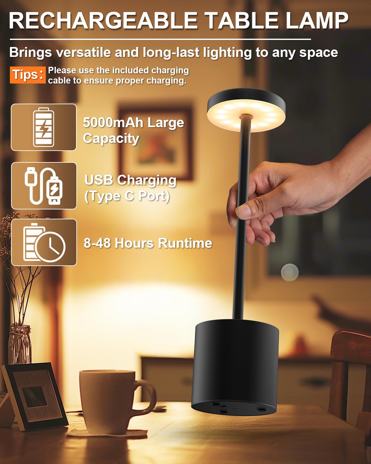 Swinerton portable LED table lamp showing compact 13.39 inch height