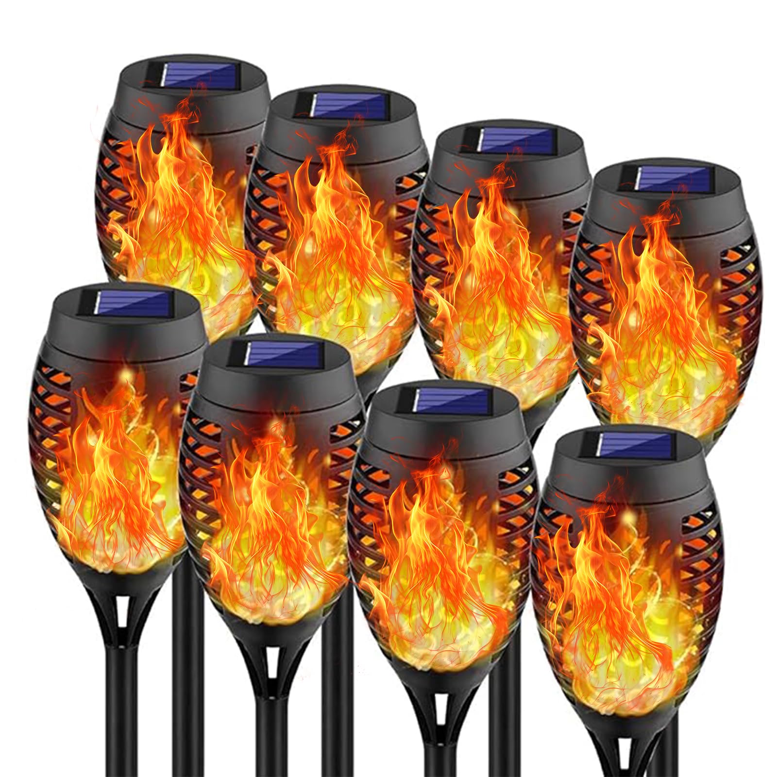 Swingers solar flame torch lights illuminate walkways with a warm glow.