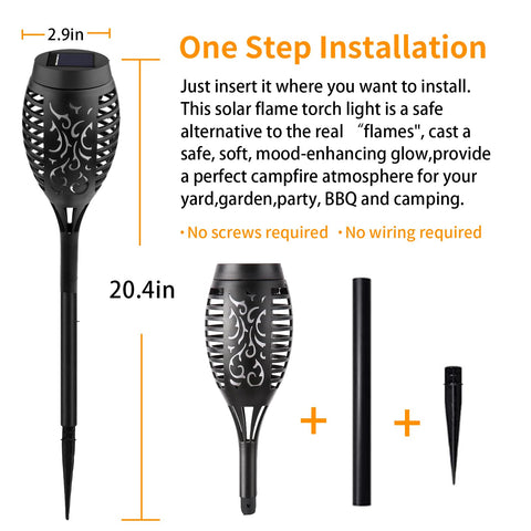 Swingers solar flame torches create ambient patio lighting after dark.