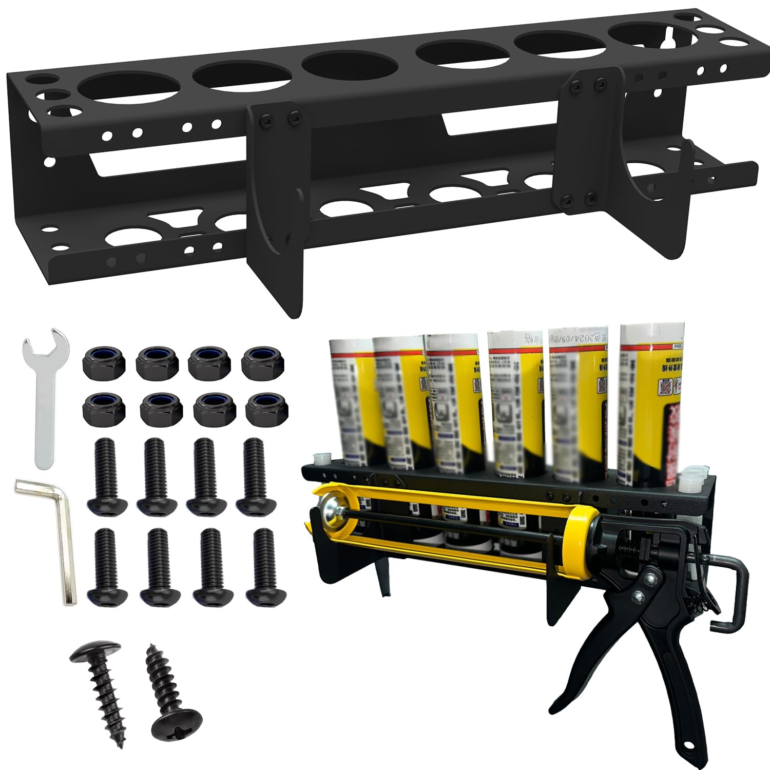 Swiona wall-mounted caulking gun holder with tube rack in a workshop