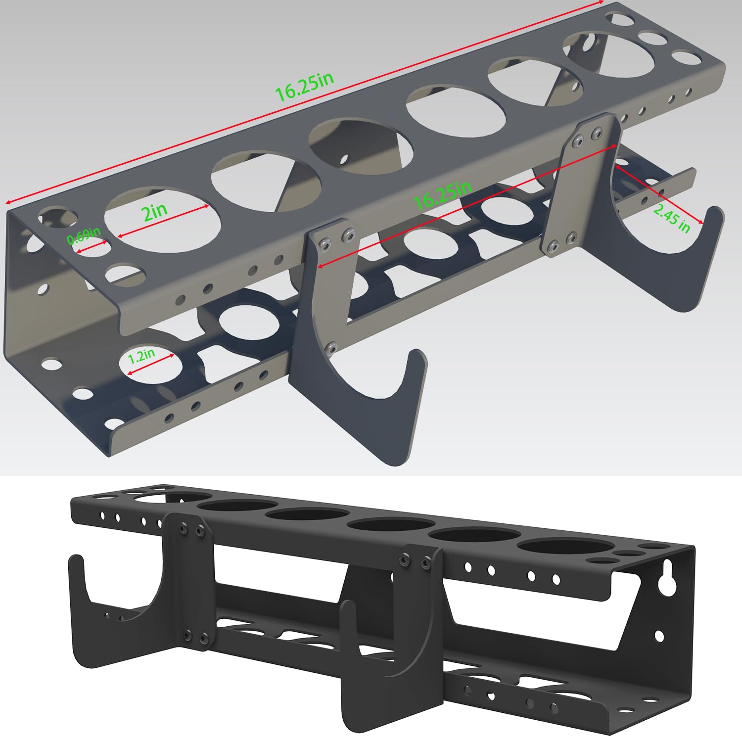 Swiona rack holding six caulking tubes and nozzles for quick access