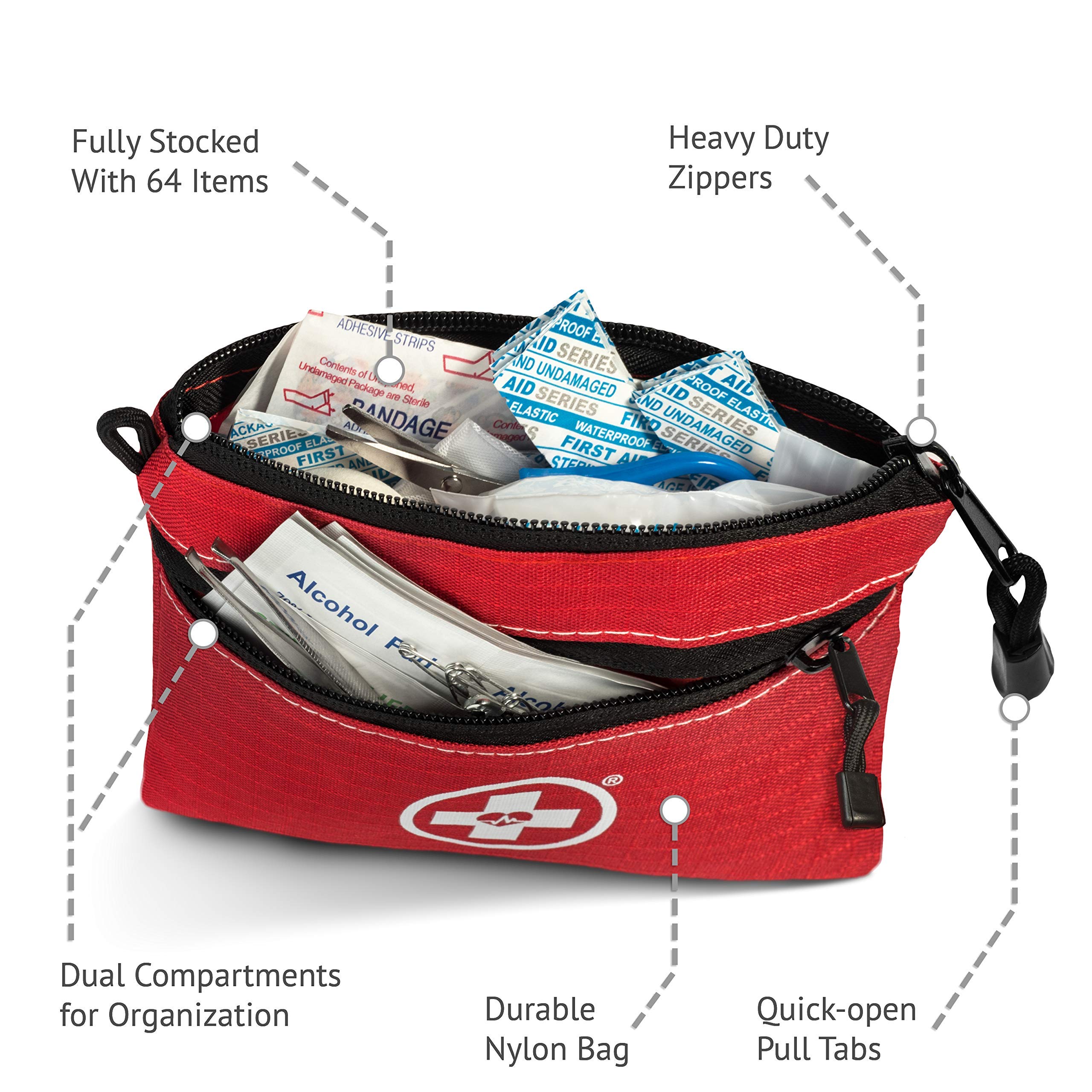 Swiss Safe 64-piece first aid kit organized-compartments for easy retrieval.