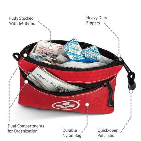 Swiss Safe 64-piece first aid kit organized-compartments for easy retrieval.