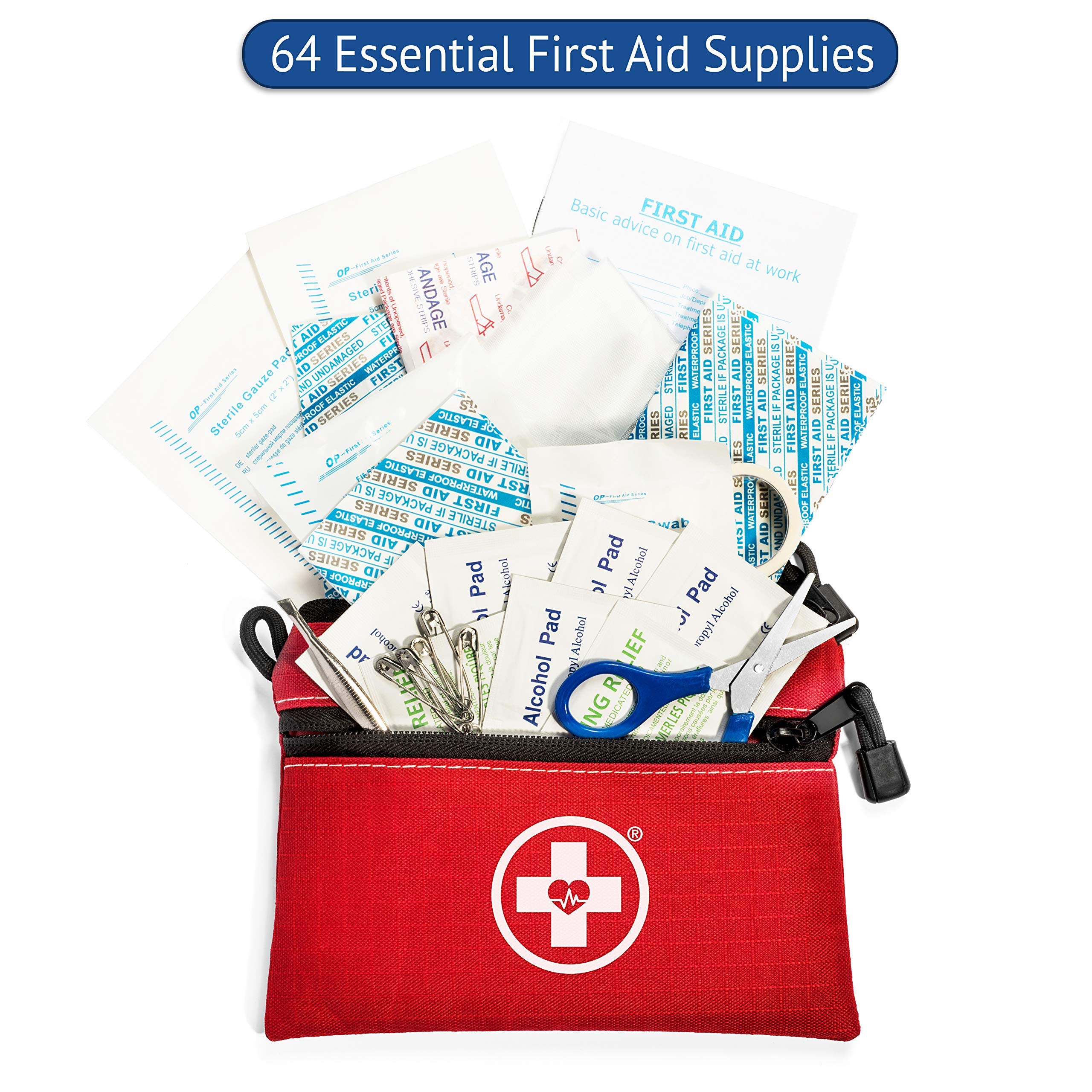 Swiss Safe 64-piece first aid kit woven-nylon-case, durable and portable.