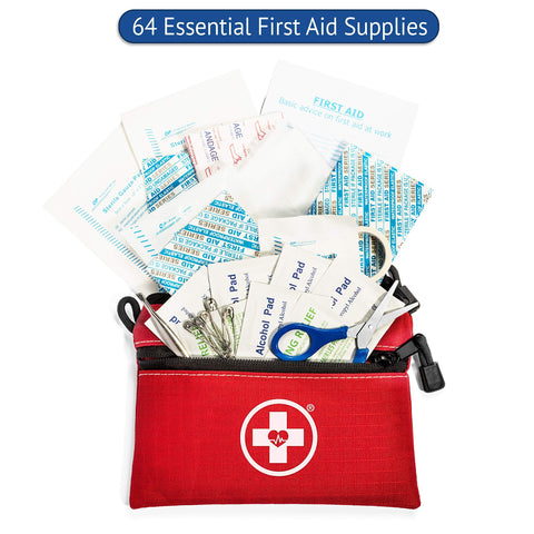 Swiss Safe 64-piece first aid kit woven-nylon-case, durable and portable.