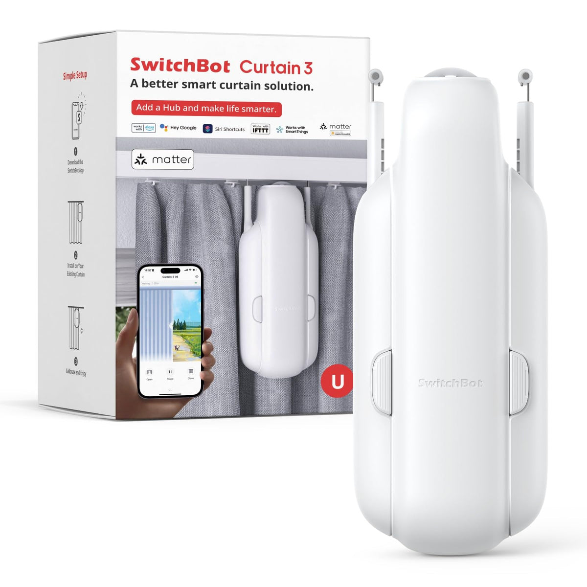 SwitchBot Automatic Curtain Opener installation shown in three simple steps for quick setup
