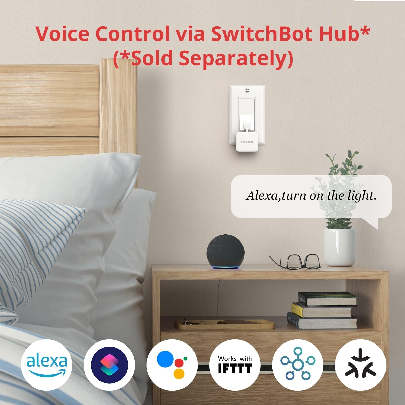 SwitchBot Fingerbot mounted beside a bedside lamp for reliable operation.