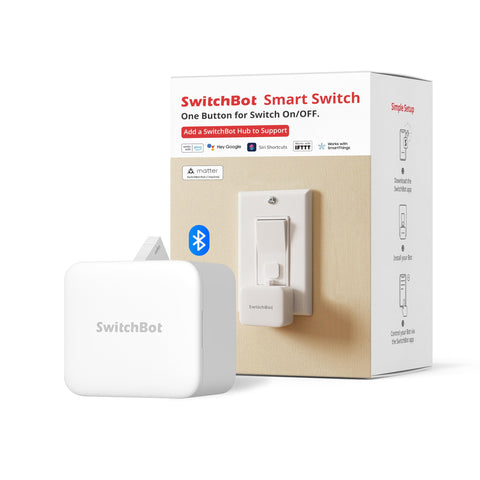 SwitchBot Fingerbot Button Pusher on a rocker switch, enabling remote lighting control.