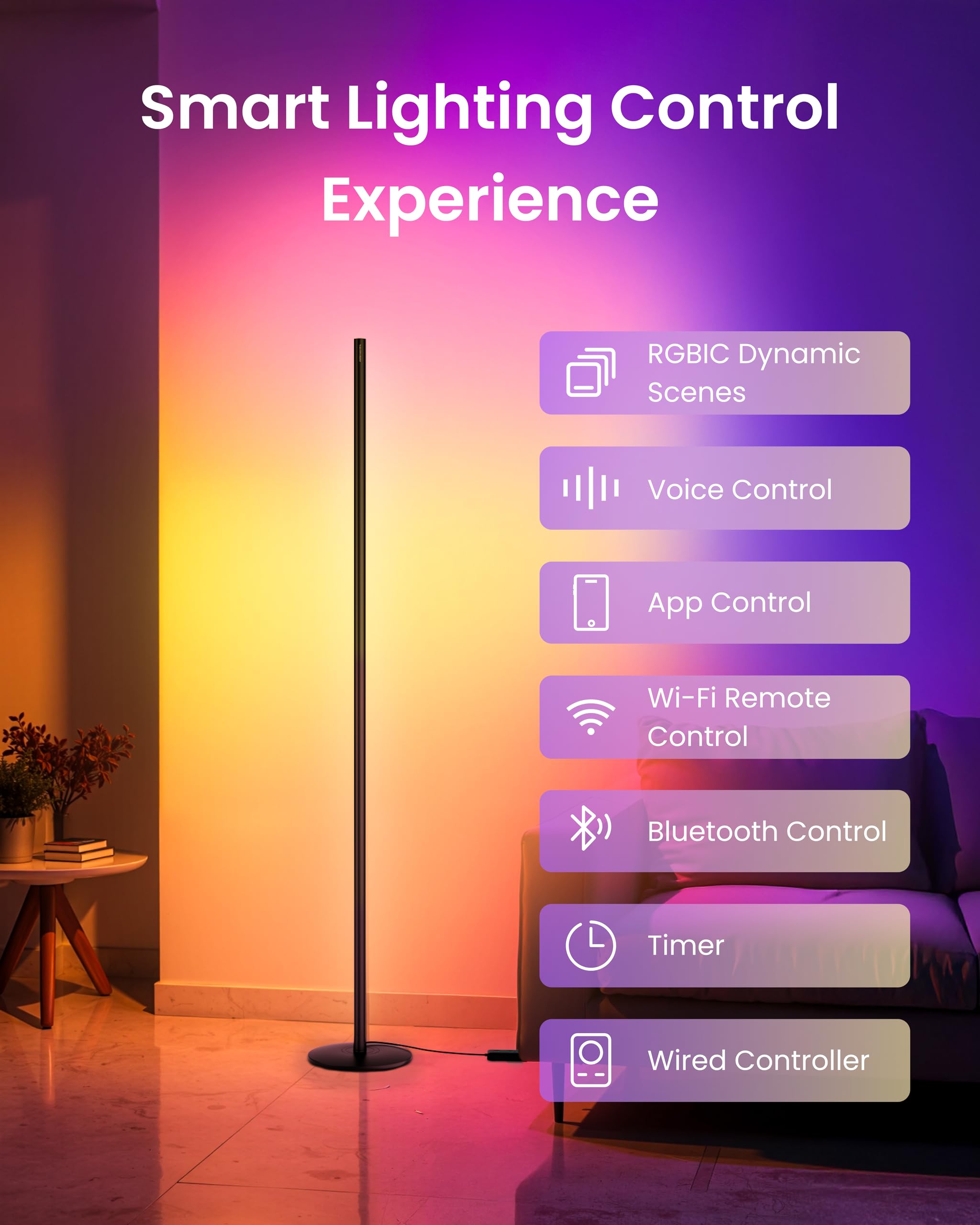 SwitchBot Floor Lamp RGBICWW vertical placement creates modern living room ambiance