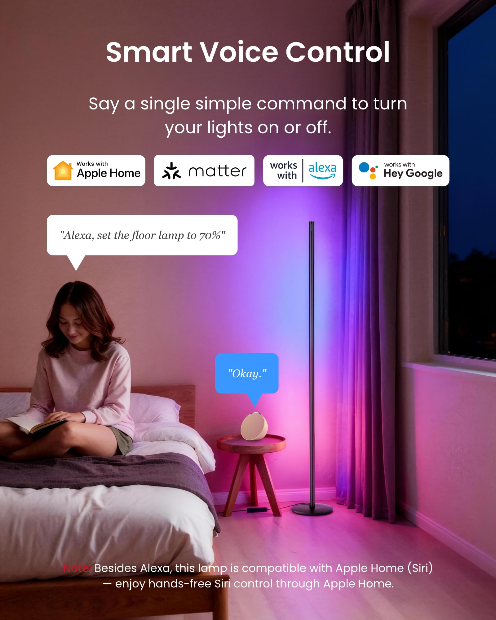 SwitchBot Floor Lamp RGBICWW responds to voice control for effortless lighting