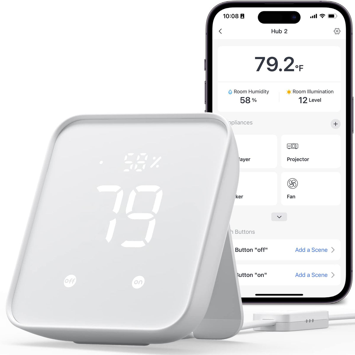 SwitchBot Hub 2 thermometer-hygrometer panel displaying climate data for home monitoring