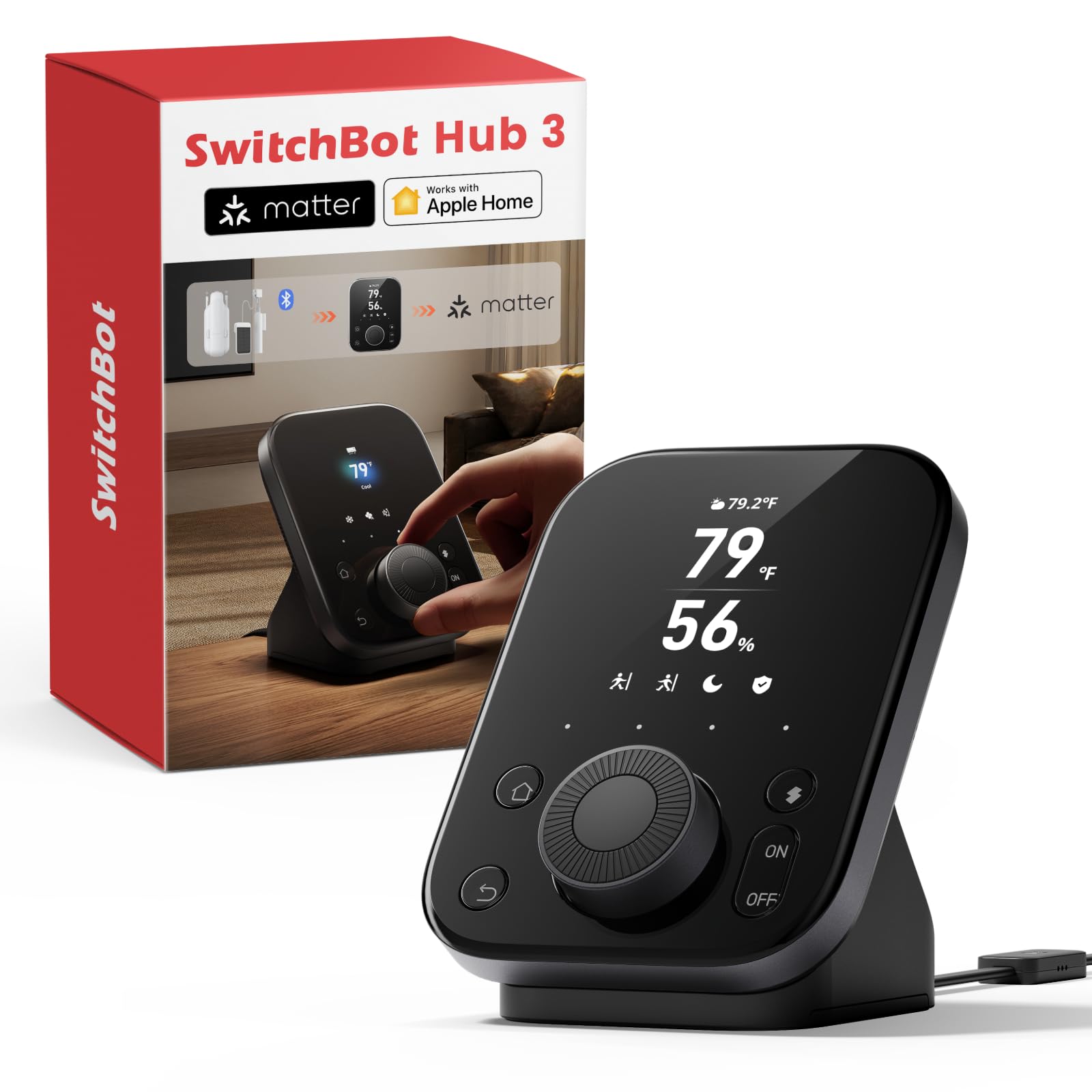 SwitchBot Hub 3 with dial master rotary knob for precise air conditioning and lighting adjustments.