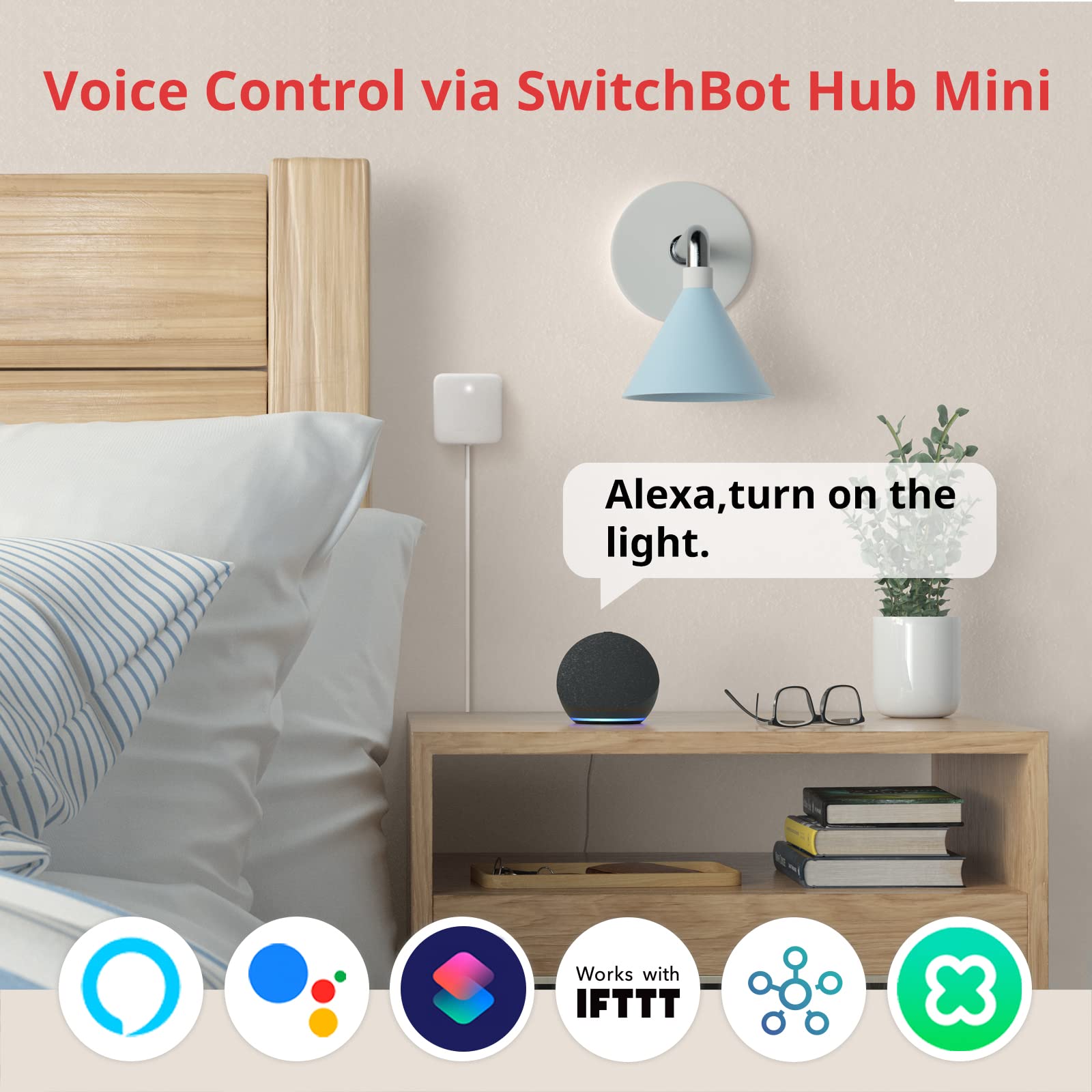 SwitchBot Smart Switch Button Pusher beside bedside lamp for convenient automation.